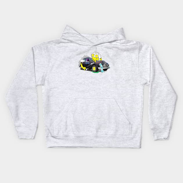 Dope mask cartoon man hugging a vintage car illustration Kids Hoodie by slluks_shop